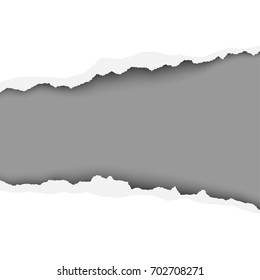 Snatched hole in middle of white paper with torn edges, soft shadow and space for text. Gray background of the resulting window. Vector template paper design.