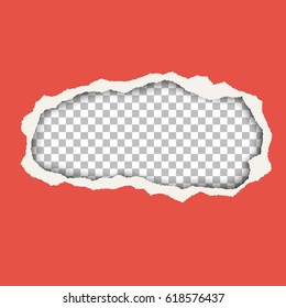 Snatched hole in red paper sheet. Background of resulting window is transparent and checkered and has space for text. Torn edges of hole have soft shadow. Template paper design for ad and other aims.