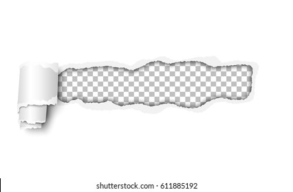 Snatched hole with torn edges and paper curl. White sheet and transparent checkered background of the resulting window. Template paper design.