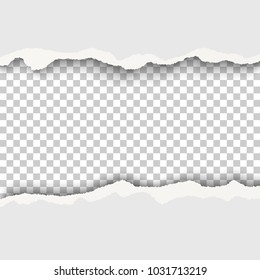 Snatched hole with torn edges in white sheet of paper. Transparent checkered background of the resulting window. Vector template design.