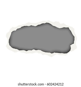 Snatched hole in white paper sheet. Background of the resulting window is dark gray. Edges of the hole have soft shadow. Template paper design.