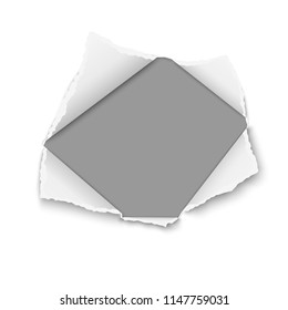 Snatched hole in white paper with torn edges, soft shadow and gray background. Damaged sheet. Vector template paper design.
