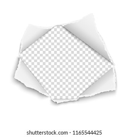 Snatched hole in white paper with torn edges, soft shadow and transparent background. Damaged sheet. Vector template paper design.