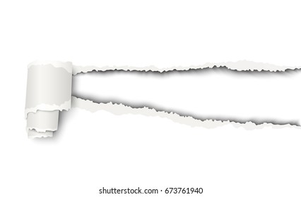 Snatched hole in white sheet of paper with soft shadow and white background in the resulting window. Vector illustration.