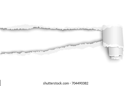 Snatched hole from white sheet of paper with soft shadow, white background of the resulting window and paper curl. Vector illustration.