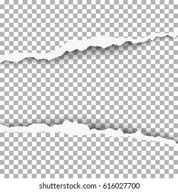 Snatched middle of paper with torn edges, soft shadow and space for text. Damaged sheet of paper with transparent background for banner, ad and other aims. Template paper design.