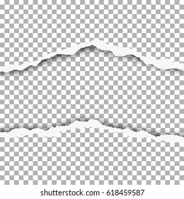 Snatched middle of paper with torn edges, soft shadow and space for text. Damaged sheet of paper with transparent background for ad and other aims. Template paper design.