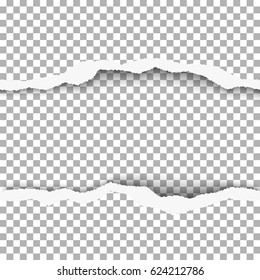 Snatched middle of paper with torn edges, soft shadow and space for text. Damaged sheet of paper with transparent background for ad and other aims. Template paper design.