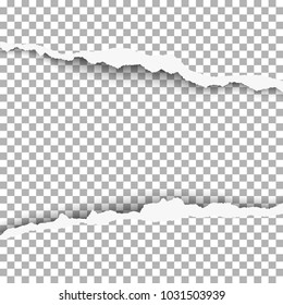 Snatched middle of transparent paper with torn edges and soft shadow. Damaged sheet for banner, ad and other aims. Vector template paper design.