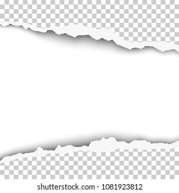 Snatched middle of transparent paper with torn edges and soft shadow. White background of resulting window for banner, ad and other aims. Vector template paper design.