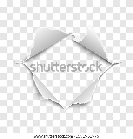 Snatched middle of transparent paper with torn edges, soft shadow and empty space. Vector template paper design.