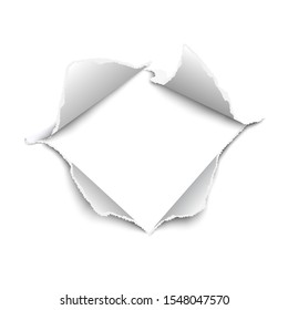 Snatched middle of vector white paper with torn edges, soft shadow and space for text, ad or other aims, white background of resulting hole. Damaged sheet with white background.