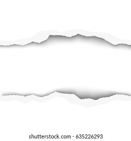 Snatched middle of white paper background with torn edges and space for text or ad. Template paper design.