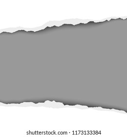 Snatched middle of white paper with torn edges, soft shadow and gray resulting background. Vector template paper design.