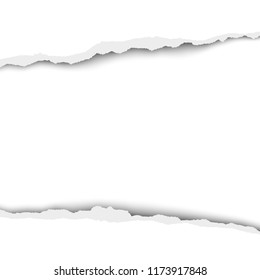 Snatched middle of white paper with torn edges and soft shadow. Vector template paper design.