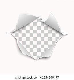 Snatched middle of white paper with torn edges, soft shadow and empty space. Damaged sheet with transparent background for ad and other aims. Template paper design. Vector illustration.