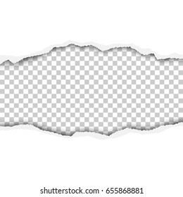 Snatched middle of white paper with torn edges, soft shadow and space for text. Damaged sheet with transparent background for ad and other aims. Template paper design.