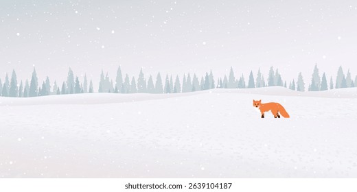 Snawfall in minimalist snowscape with lonely fox have pine forest far away graphic illustration.