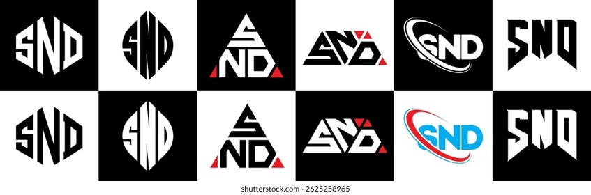 Design do logotipo da carta SND em seis estilos. Polígono SND, círculo, triângulo, hexágono, estilo simples e plano com logotipo de letra de variação de cor preto e branco definido em uma prancheta. Logotipo minimalista e clássico do SND