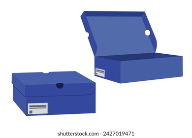 Sneaker box vector illustration. Open and closed views of cardboard shoe box in modern flat style design. 