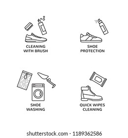 Sneaker Cleaning logo design template set. Thin outline icon collection of washing shoe with cleaners, processing, protection. Vector trainer clean illustration background