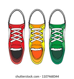 Sneaker drawing set, red, yellow and green shoes, isolated vector illustration