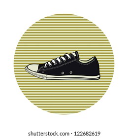 Sneaker drawn in a sketch style on the striped background. Side view of a gumshoe. Vector illustration.