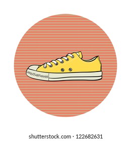 Sneaker drawn in a sketch style on the striped background. Side view of a gumshoe. Vector illustration.