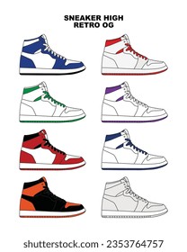 Sneaker High Retro Concept. Flat Design. Side View Vector. Illustration Icon. Shoe design. Fashion Sneakers