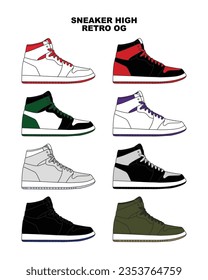 Sneaker High Retro Concept. Flat Design. Side View Vector. Illustration Icon. Shoe design. Fashion Sneakers