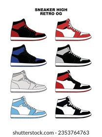 Sneaker High Retro Concept. Flat Design. Side View Vector. Illustration Icon. Shoe design. Fashion Sneakers