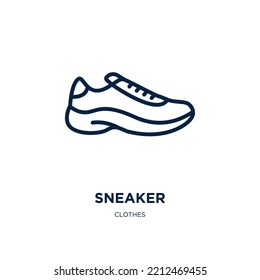Sneakersymbol aus der Kleidersammlung. Dünner linearer Sneaker, Sport, Gymnastiksymbol einzeln auf weißem Hintergrund. Zeilenvektorsneaker-Zeichen, Symbol für Web und Mobile