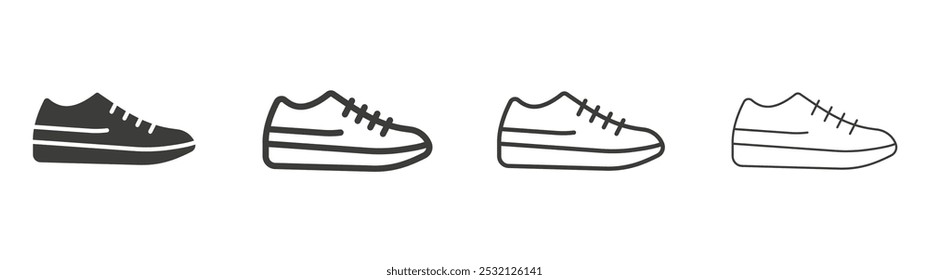 Icono de la zapatilla de deporte en relleno y tres tamaños del movimiento