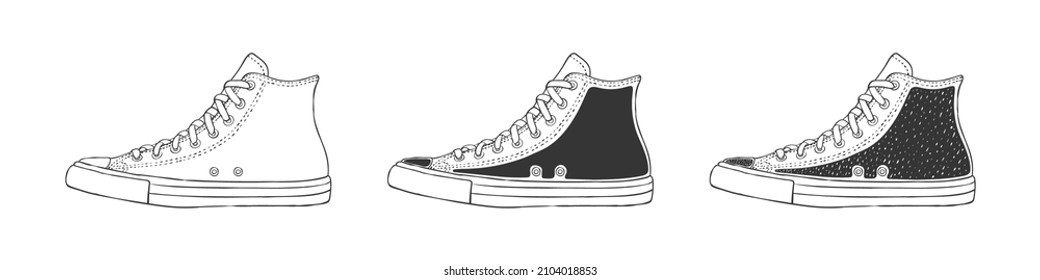 Sneaker icons. Classic sneakers. Fashion footwear. Hand-drawn style shoes. Vector image