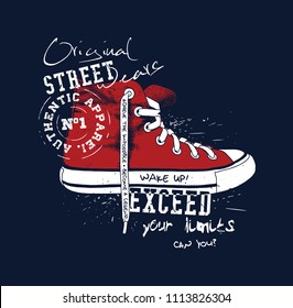 Sneaker illustration for t-shirt. College style shoe.