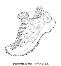 Sneaker lace-up, repeats curve of running leg, from abstract futuristic polygonal black lines and dots. Vector illustration.