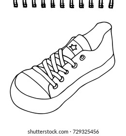 Sneaker on a notepad paper. Artistic vector hand drawn sketch. Isolated on white background.