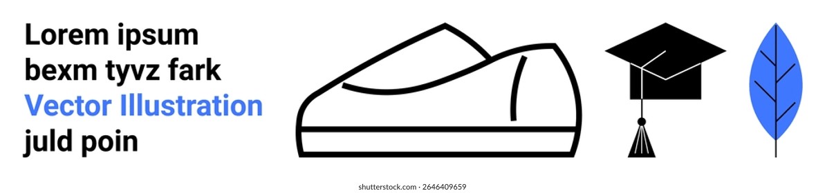 Sneaker outline, black graduation cap, blue leaf. Ideal for education, fashion, achievement, nature, learning, minimalist design, and student lifestyle Landing page