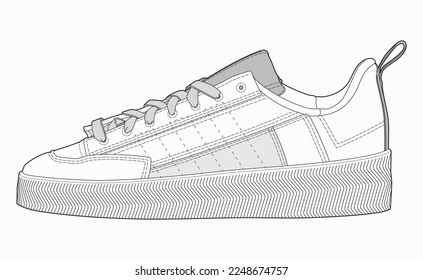 Sneaker Outline Vector Drawing. Black Lines Illustration of Men Sneaker Isolated On White Background