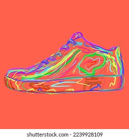 Sneaker painted in grunge style with multi-colored brushes. Side view. Vector illustration.