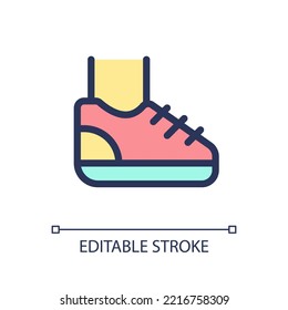 Sneaker pixel perfect RGB color ui icon. Sport footwear. Running and jogging. Simple filled line element. GUI, UX design for mobile app. Vector isolated pictogram. Editable stroke. Arial font used