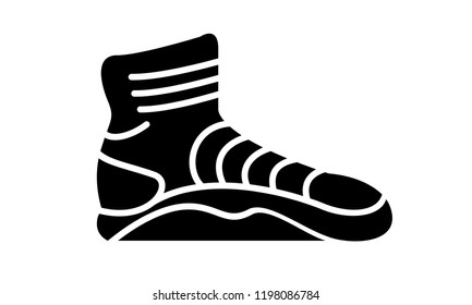 Sneaker running shoes. Casual simple style logo. Vector illustration icon of fitness and sport, gym shoe. Black sign of shop on white background. Image for web or print design.