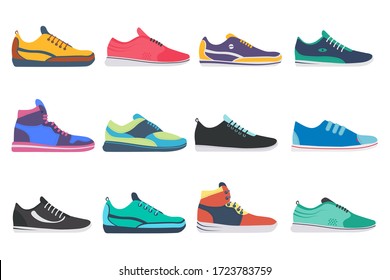 Sneaker Shoe. Athletic Sneakers, Fitness Sport Shop Footwear Collection On White Background. Set Of Sport Shoes For Training, Running. Vector Illustration In Flat Design, Eps 10.  