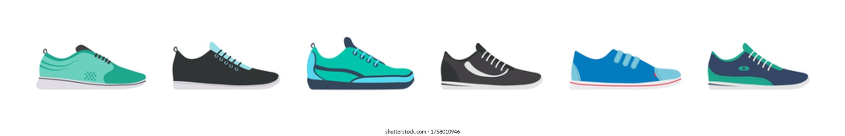 Sneaker shoe. Athletic sneakers, fitness sport shop footwear collection on white background. Set of sport shoes for training, running. Vector illustration in flat design, eps 10.  