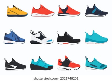 Sneaker shoe. Athletic sneakers, fitness sport shop footwear collection on white background. Set of sport shoes for training, running. Vector illustration in flat design, eps 10.
