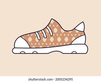 Sneaker shoe with brown luxury brand style pattern isolated vector icon, vogue fashion and haute couture.