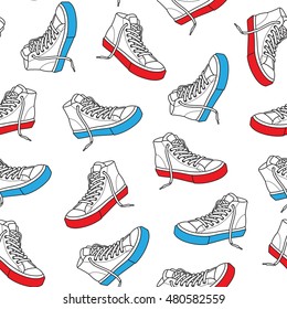 Sneaker shoe canvas doodle vector seamless pattern isolated wallpaper background red & Blue