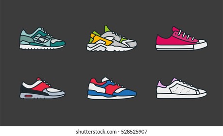 Sneaker Shoe Minimal Color Flat Line Stroke Icon Pictogram Symbol Illustration Set Collection