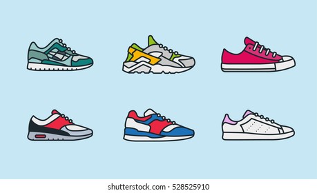 Sneaker Shoe Minimal Color Flat Line Stroke Icon Pictogram Symbol Illustration Set Collection