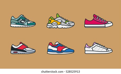 Sneaker Shoe Minimal Color Flat Line Stroke Icon Pictogram Symbol Illustration Set Collection